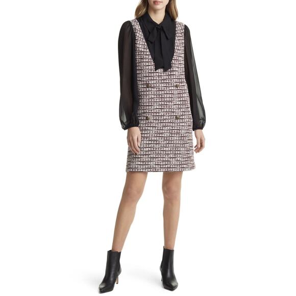 julia jordan Dresses & Skirts - Julia Jordan Black Multicolor Tweed Bow Tie Pinafore Sleeves Mini Shirt Dress 8